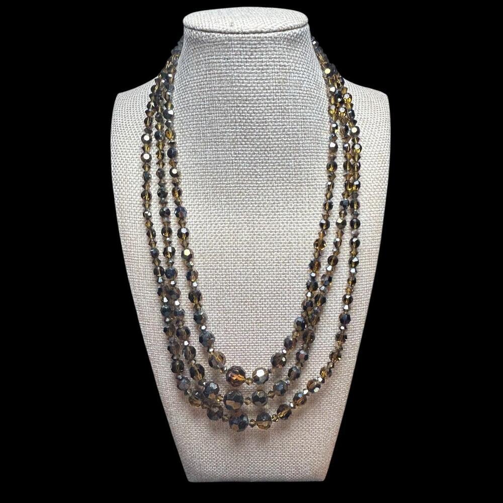 Vintage Triple Strand Smoky Topaz AB Glass Necklace
